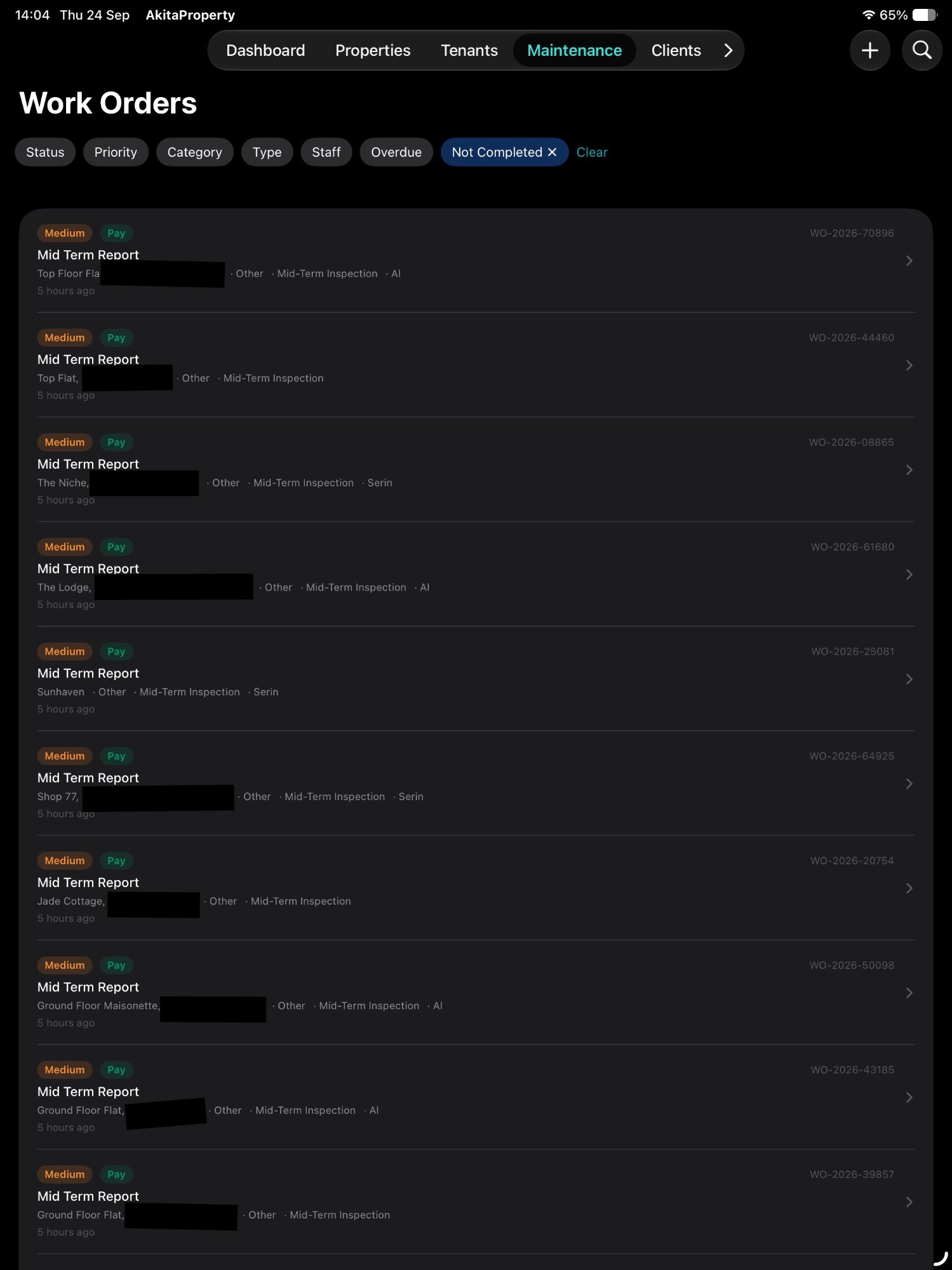 AkitaProperty work orders list on iPad, filtered to show work orders that are not completed, with priority, category and assignee