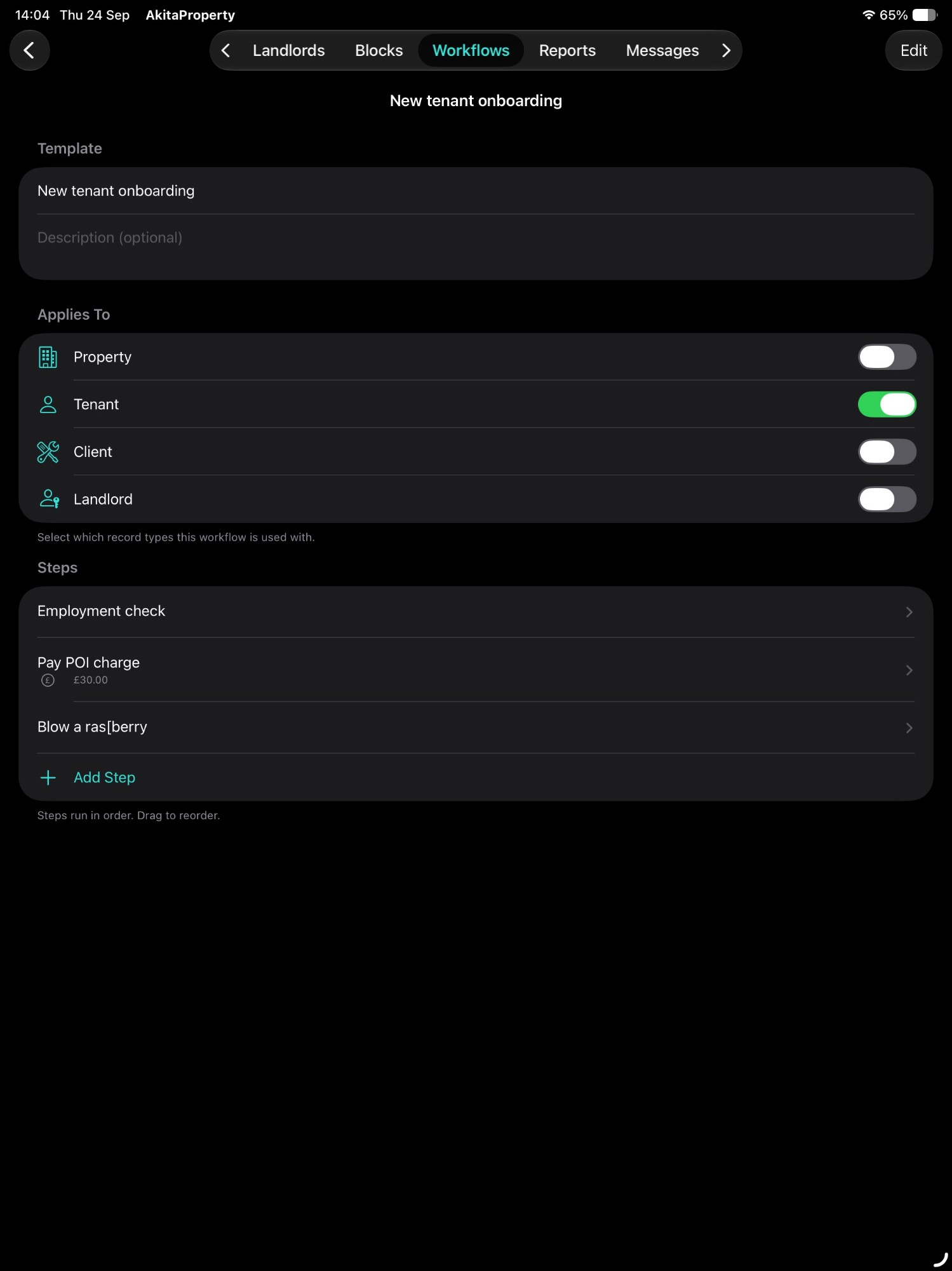 AkitaProperty workflow template editor on iPad for new tenant onboarding, listing the record types it applies to and its ordered steps