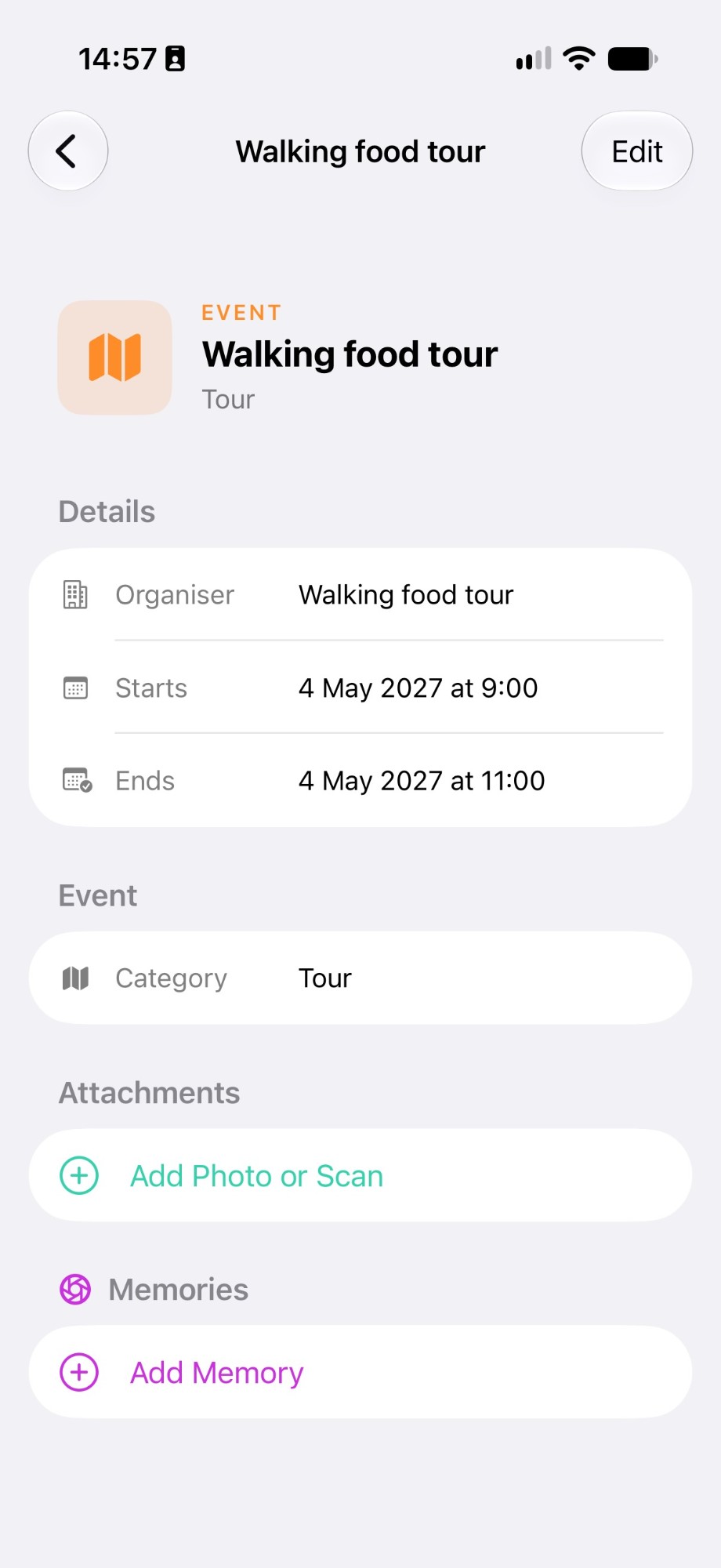 AkitaTravel event screen for a walking food tour, with start and end times, category, attachments and memories