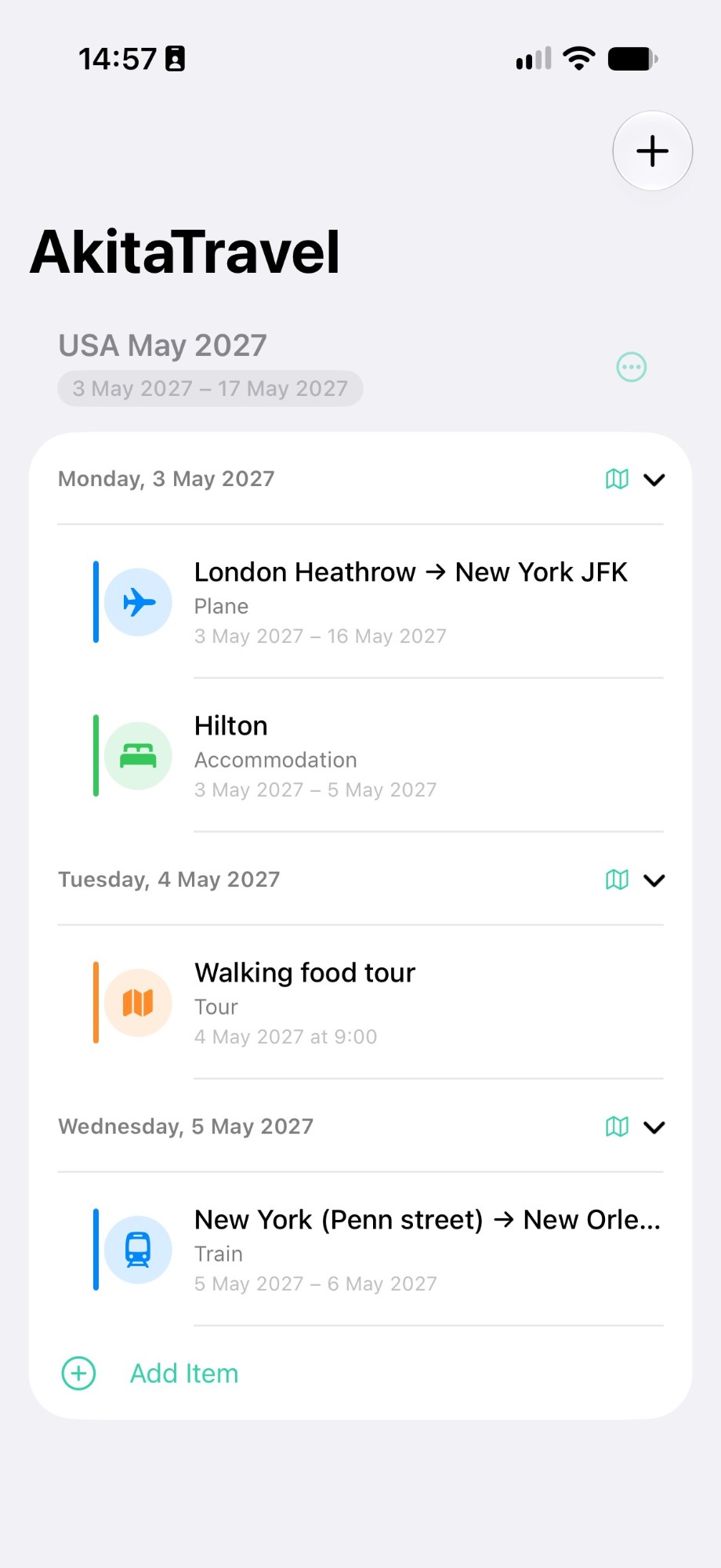 AkitaTravel itinerary for a two-week USA trip, grouped day by day with flights, hotels, tours and train legs
