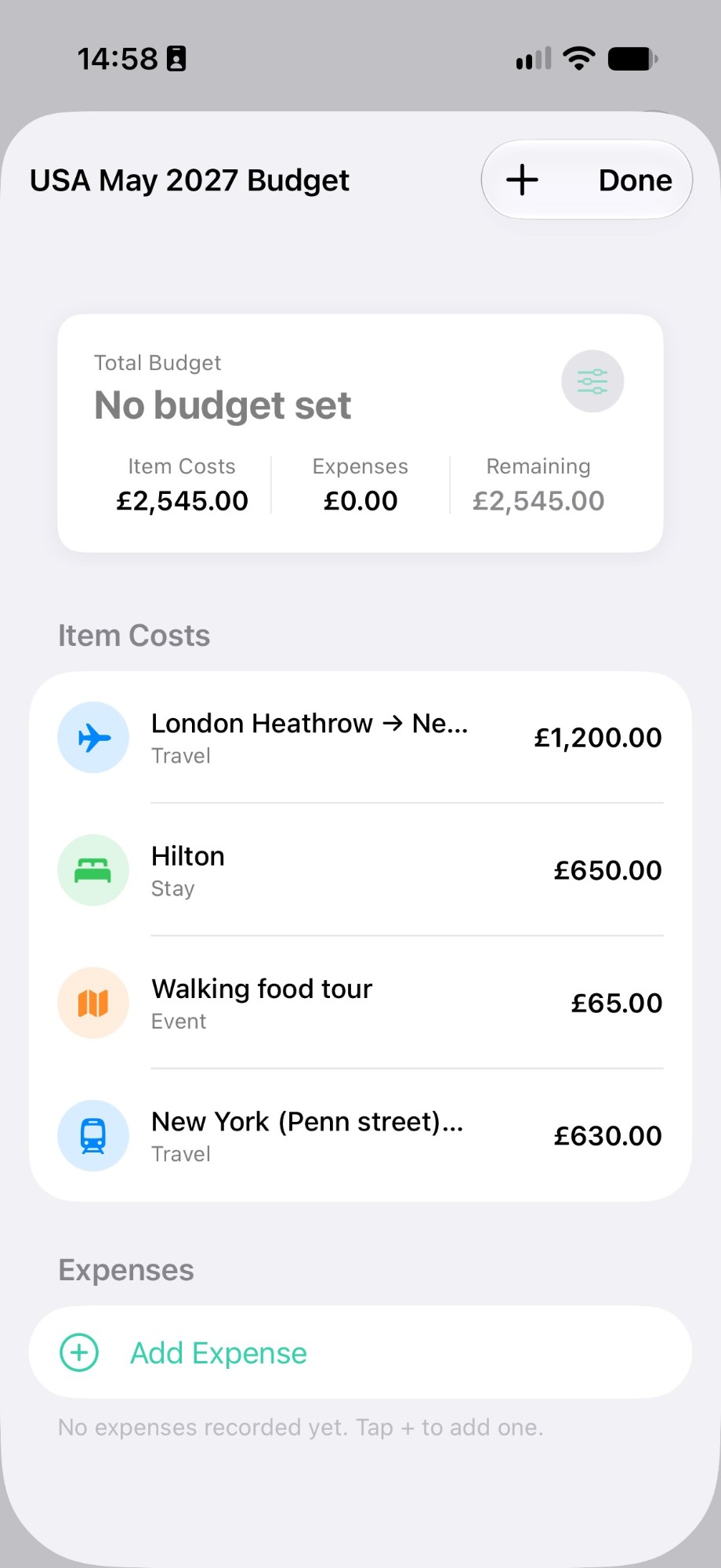 AkitaTravel trip budget showing item costs for each flight, stay and event, with total and remaining spend